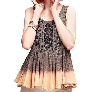 Akemi + Kim Anthropologie Suva Beaded Peplum Dip Dyed Tank Top Tan Black Medium